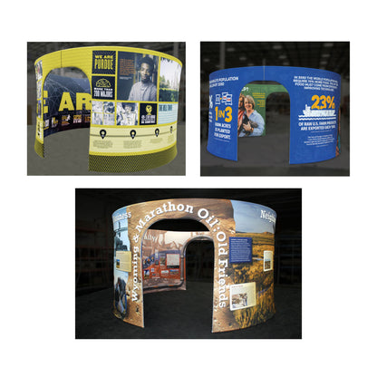 Curved trade show display booths forming circular rooms with large informational graphics for exhibitions and special events