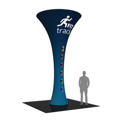 Tall funnel-shaped trade show tower display featuring fitness tracker images and logo for exhibitions and special events