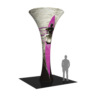 Tall funnel-shaped fabric display tower with printed sports image for trade shows and exhibitions