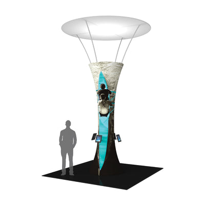 Tall funnel-shaped trade show tower with graphic display and attached tablets for interactive exhibition use