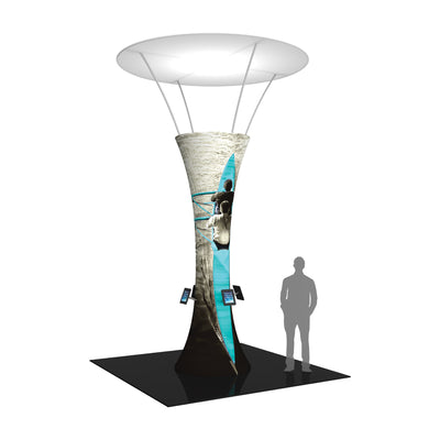 Tall funnel-shaped trade show tower display with graphic panels and mounted tablet holders for exhibitions