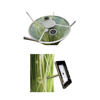 Trade show funnel display with integrated lighting and tablet mount for exhibitions and events