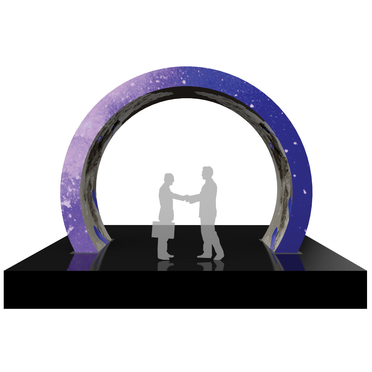 Large circular arch display for trade shows and exhibitions with two business people shaking hands inside