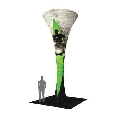 Tall funnel tower trade show display with kayaking image and human silhouette for size reference