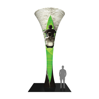 Tall curved display tower with kayak and water graphic for trade shows and exhibitions