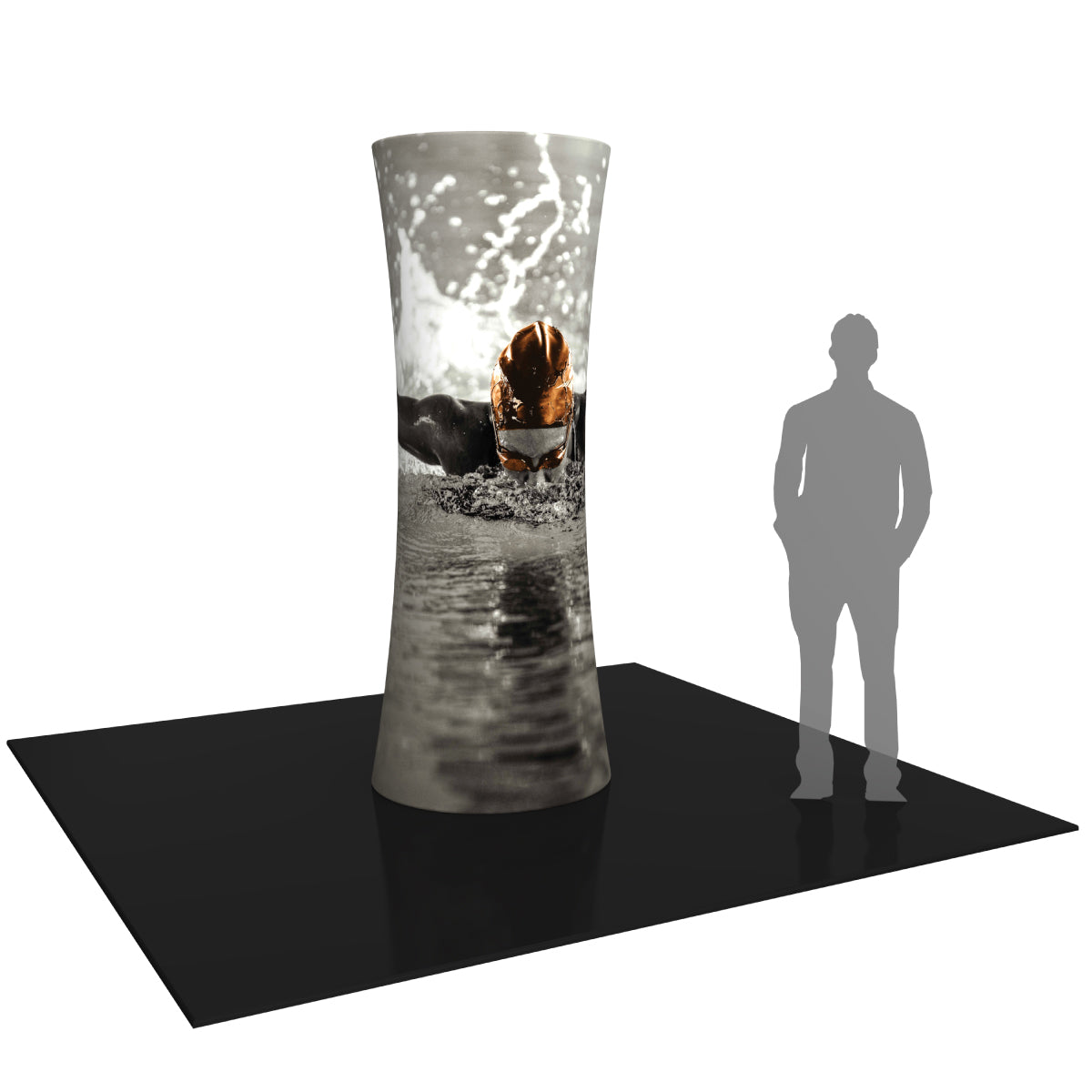 Curved cylindrical trade show tower display with swimmer graphic for exhibitions and events