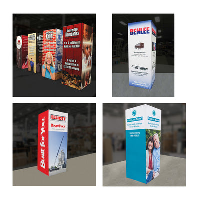 8ft square tower display stands showcasing branded graphics for trade shows, exhibitions, and special events