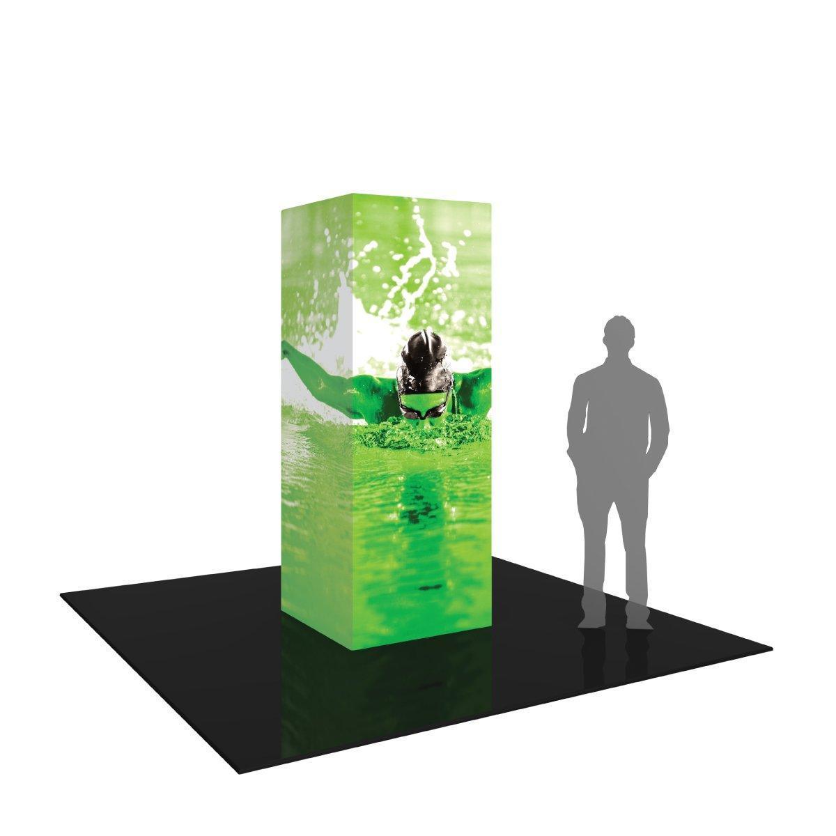 Backlit 8ft square tower display featuring swimmer image for trade shows and exhibitions