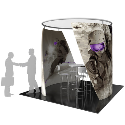Curved fabric trade show display with high-top table and stools for exhibitions and events