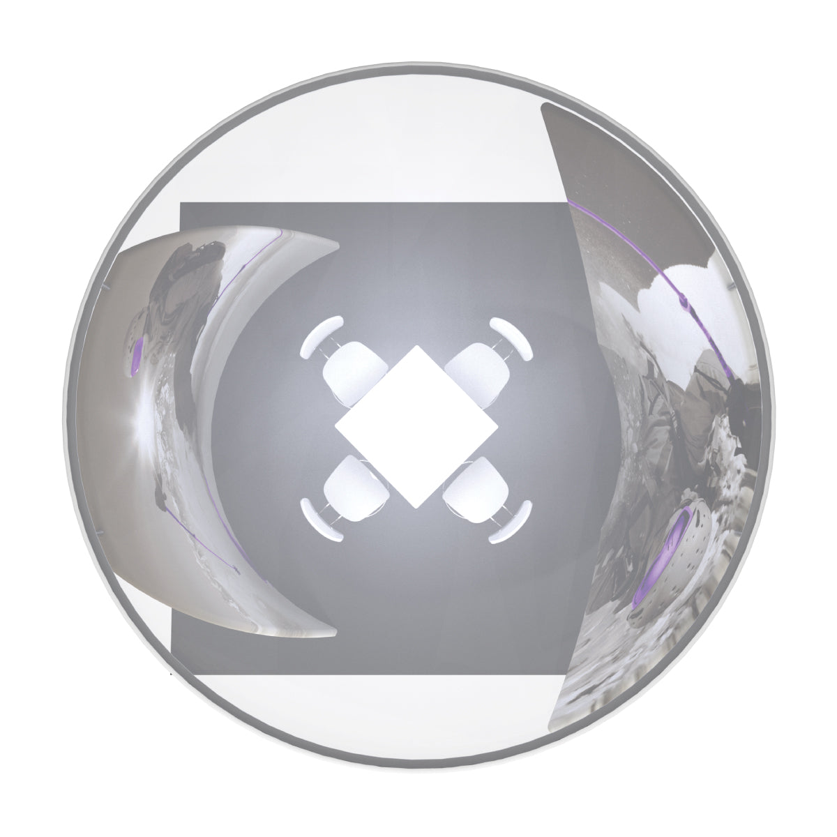 Overhead view of trade show booth setup with chairs and a square table inside a circular frame