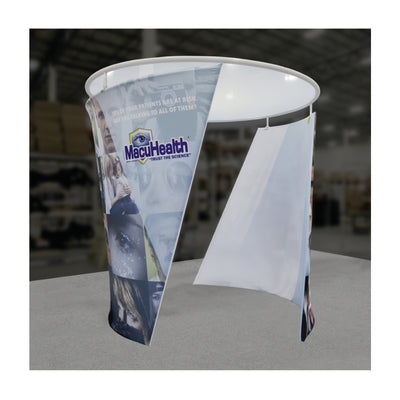 Circular hanging fabric display with promotional graphics for MacuHealth at a trade show or exhibition