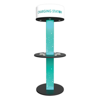 Backlit charging station tower with circular shelves for devices at trade shows and exhibitions