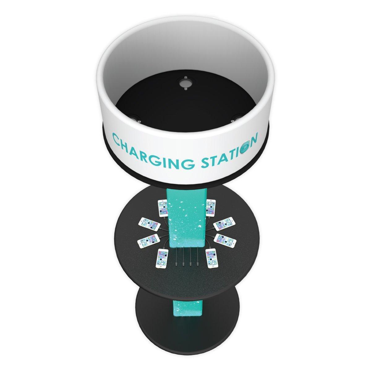 Trade show charging station with multiple smartphone charging ports for exhibitions and events