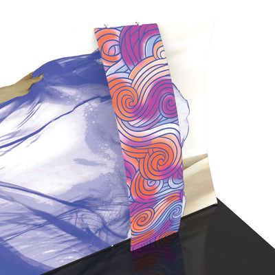 Curved printed backwall display with vibrant swirling graphics for trade shows and exhibitions