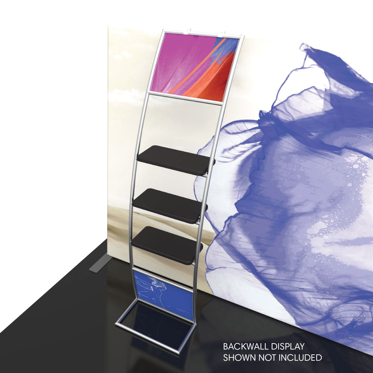 Curved trade show display rack with three shelves and graphic panels for exhibitions and special events