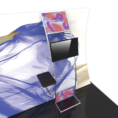 Trade show display with monitor, small shelf, and graphic panels for exhibitions and special events