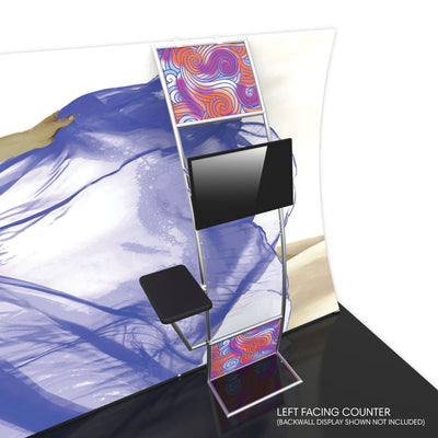 Trade show display stand with graphic panels, monitor mount, and small counter surface for exhibitions