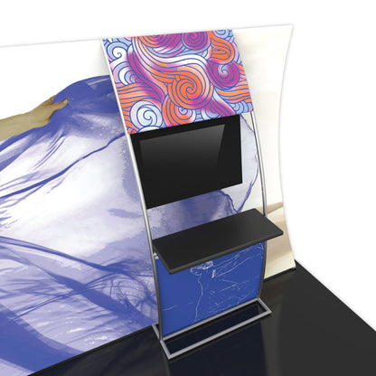Trade show display with large fabric backwall and freestanding kiosk featuring monitor and shelf