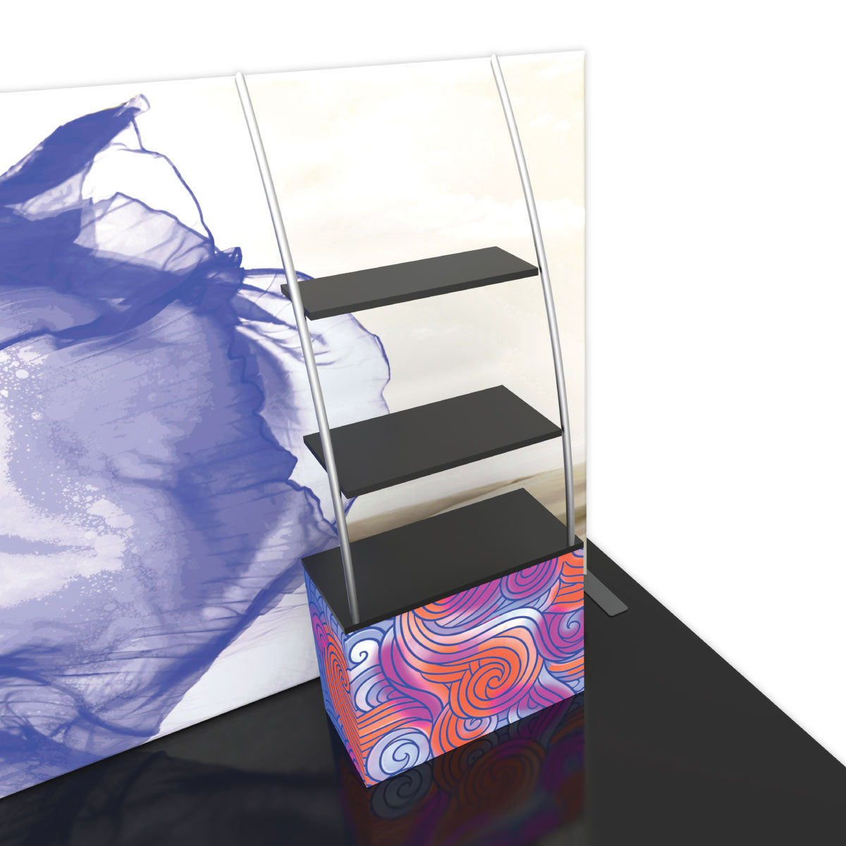 Trade show display with graphic backdrop and three-tiered shelving unit for exhibitions