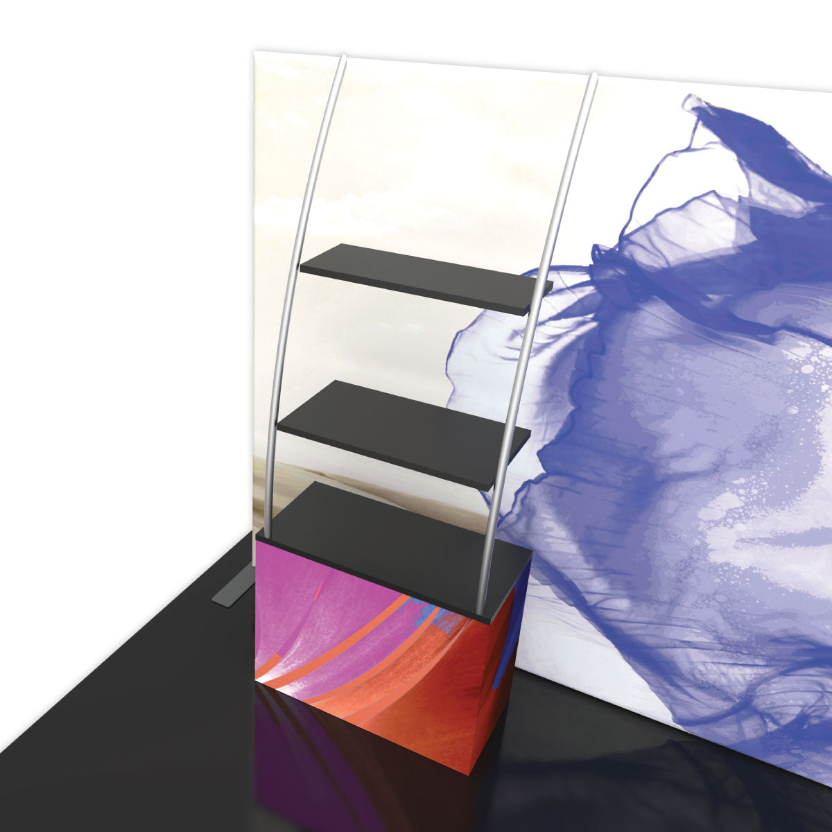 Trade show display with curved metal frame, three black shelves, and graphic signage base for exhibitions