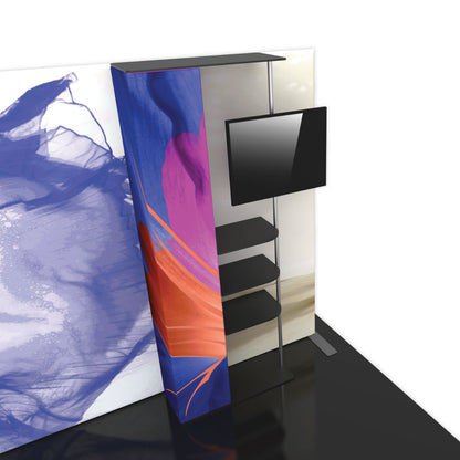 Trade show display booth with curved fabric backwall, integrated shelves, and mounted monitor