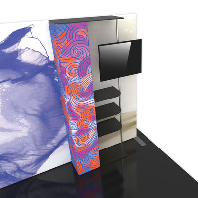 Trade show display with branded backwall, shelving, and mounted monitor for exhibitions and events