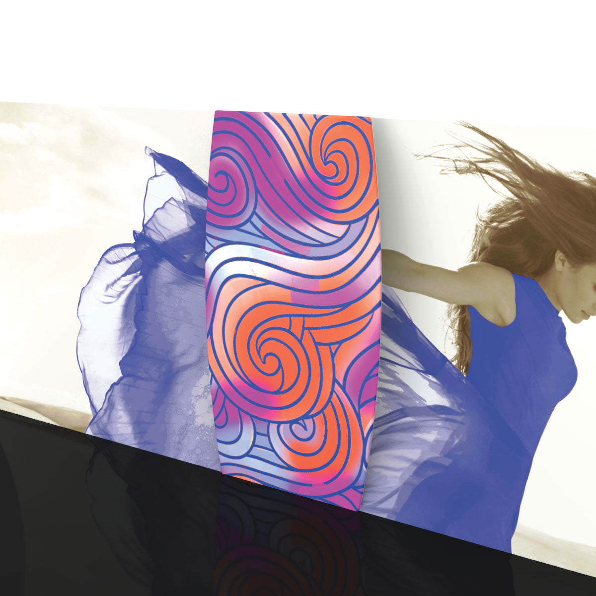 Curved trade show backwall display with vibrant graphic and flowing fabric design for events