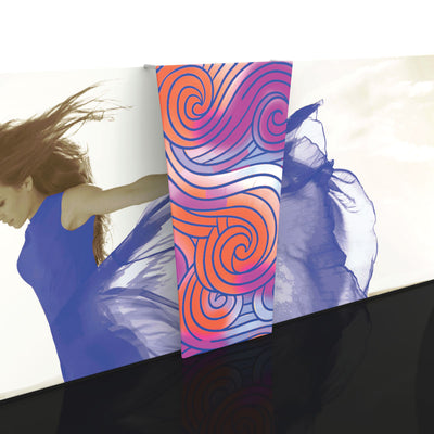 Backwall connector display featuring vibrant abstract graphic joining two large trade show exhibition panels