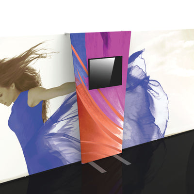 Freestanding fabric display stand with attached screen integrated into large exhibition backdrop for trade shows