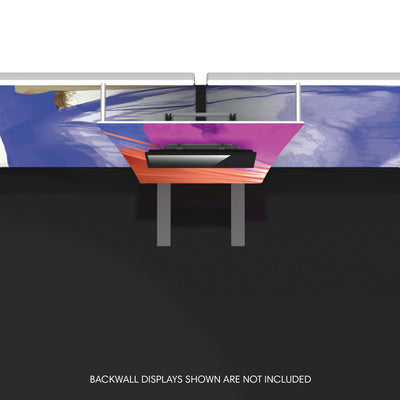 Overhead trade show backwall connector supporting graphic panels for exhibition display setup