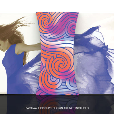 Trade show pillow box display with colorful swirl graphic flanked by fabric backwall exhibition graphics