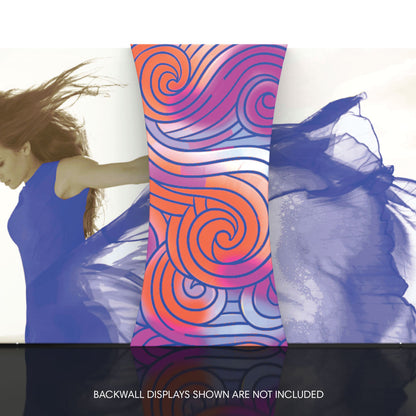 Trade show pillow box display with colorful swirl graphic flanked by fabric backwall exhibition graphics