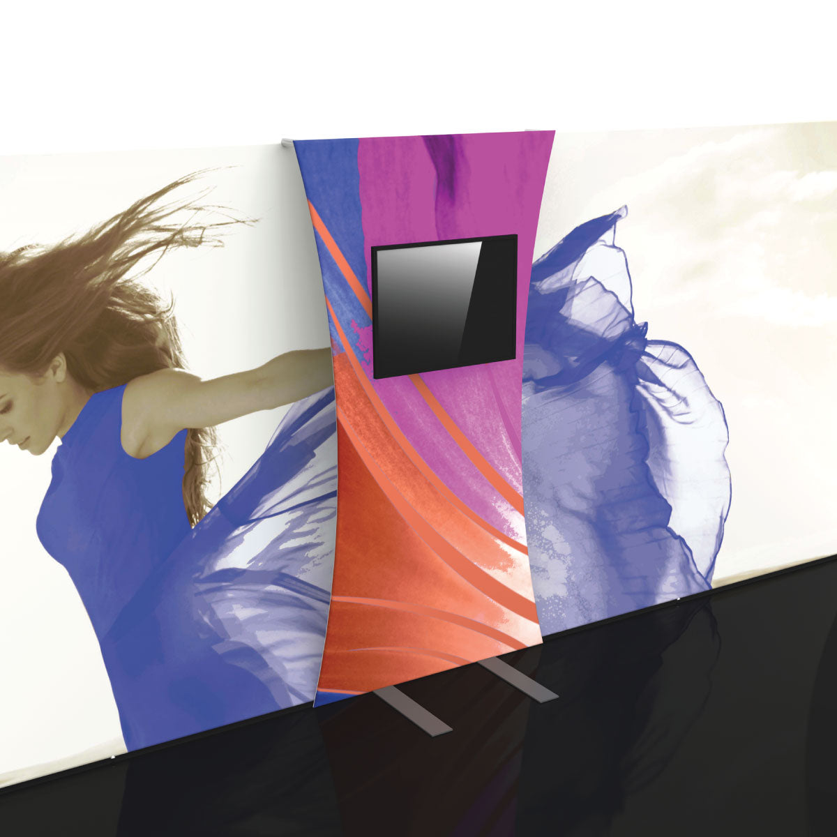 Curved fabric display with mounted monitor for trade shows and exhibition backdrop