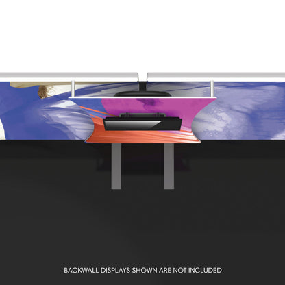 Backwall connector for trade show exhibits securing backwall displays at exhibitions and special events