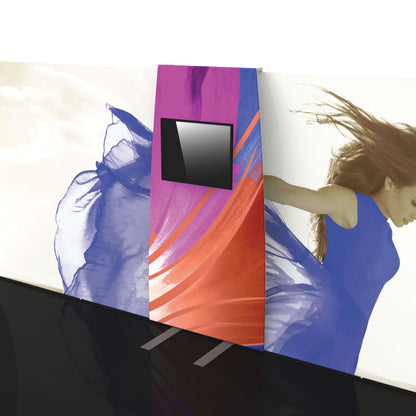 Trade show backwall connector with integrated monitor mount for exhibitions and special events