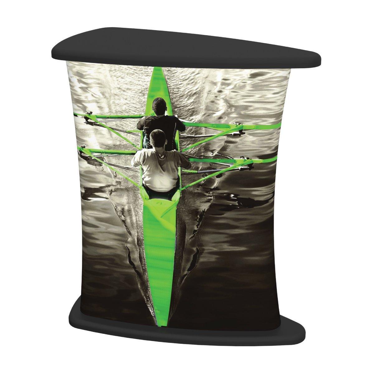 Curved trade show counter with graphic of two people rowing a boat on water for exhibitions and events