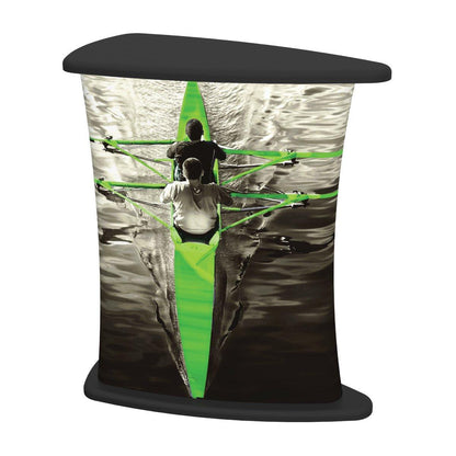 Curved trade show counter with graphic of two people rowing a boat on water for exhibitions and events