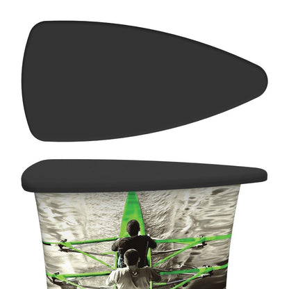 Curved trade show counter with graphic wrap featuring two rowers on water, ideal for exhibitions and events