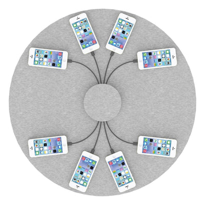 Round multi-device charging station with eight smartphones connected for trade shows and events