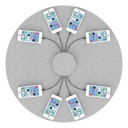 Round multi-device charging station with eight smartphones connected for trade shows and events