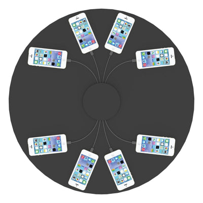 multi-device charging station with eight smartphones connected, ideal for trade shows and special events