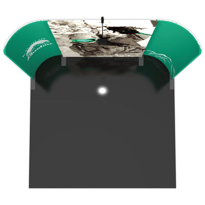 Curved trade show display booth with adventure-themed graphics for exhibitions and events