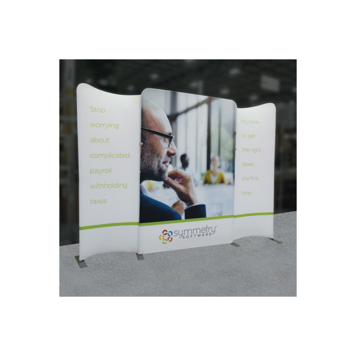 Three-panel trade show display with payroll and tax software messaging for exhibitions and events