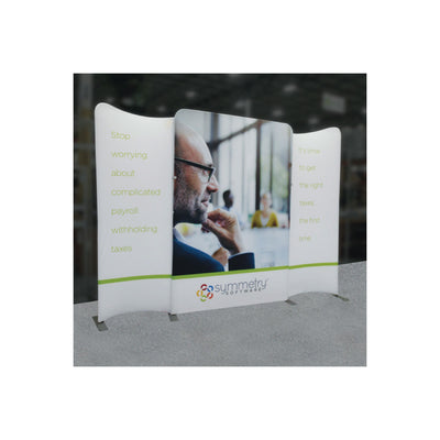 Three-panel trade show display with payroll and tax software messaging for exhibitions and events