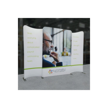 Three-panel trade show display with payroll and tax software messaging for exhibitions and events