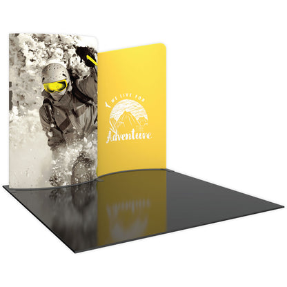 Trade show curved fabric display with skiing adventure graphic and mountain logo for exhibitions