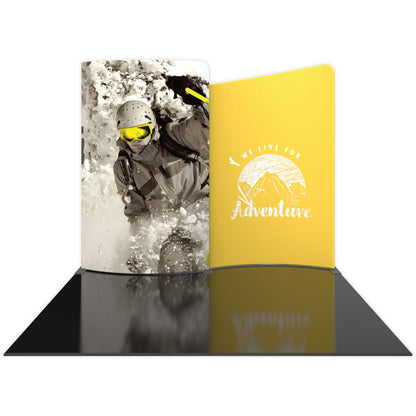 Curved trade show display with skiing action graphic and adventure-themed message for exhibitions