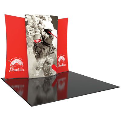 Trade show curved fabric display with adventure-themed graphics for exhibitions and special events