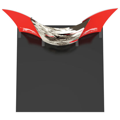 Trade show display with curved fabric graphic and side panels for exhibitions and special events