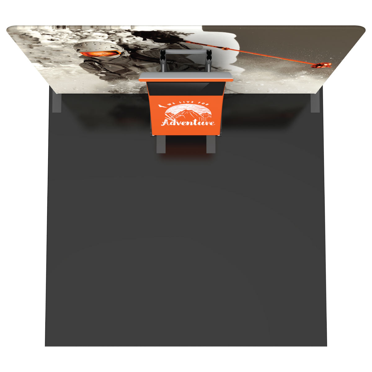 Trade show display with large adventure-themed backdrop and branded counter for exhibitions